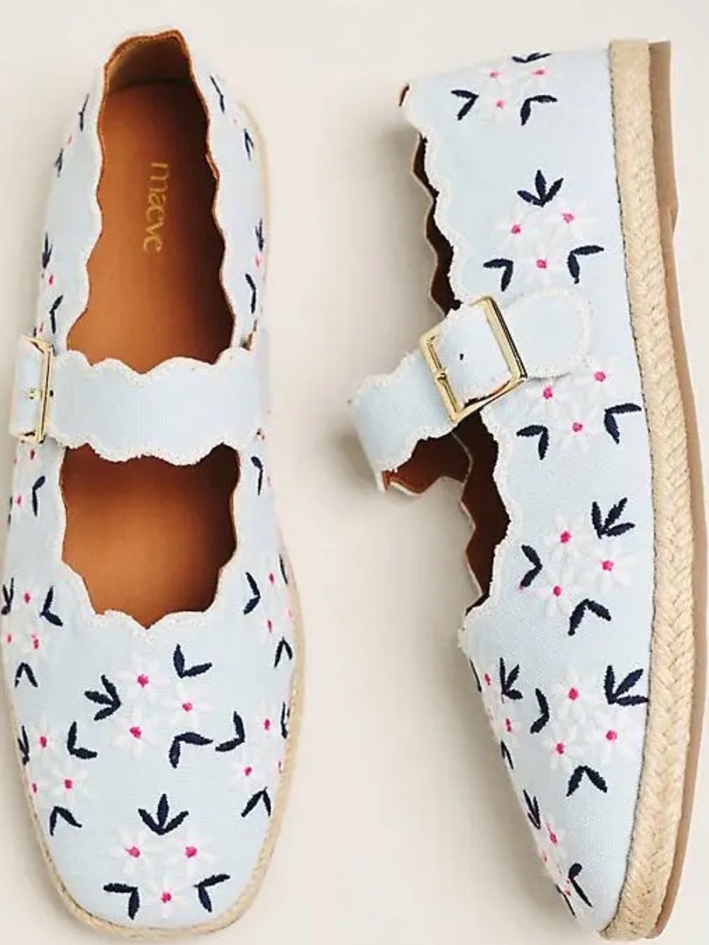 Anthropologie Maeve Scalloped Edge Espadrille Mary Jane Flats Denim Daisy 9-9,5